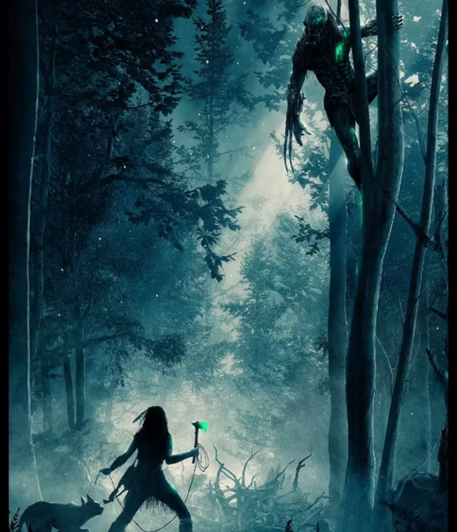 Image recreating a still from the movie Prey (2022) with a women in the woods fighting an alien