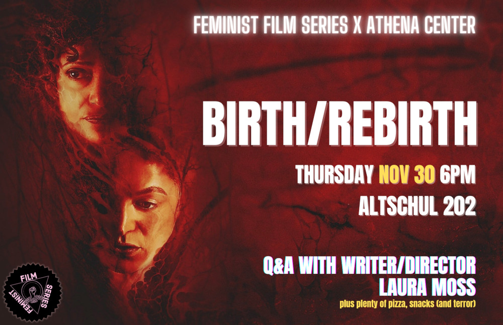 Two women's faces set in a tree; Birth/Rebirth film showing Nov. 30, 6 pm