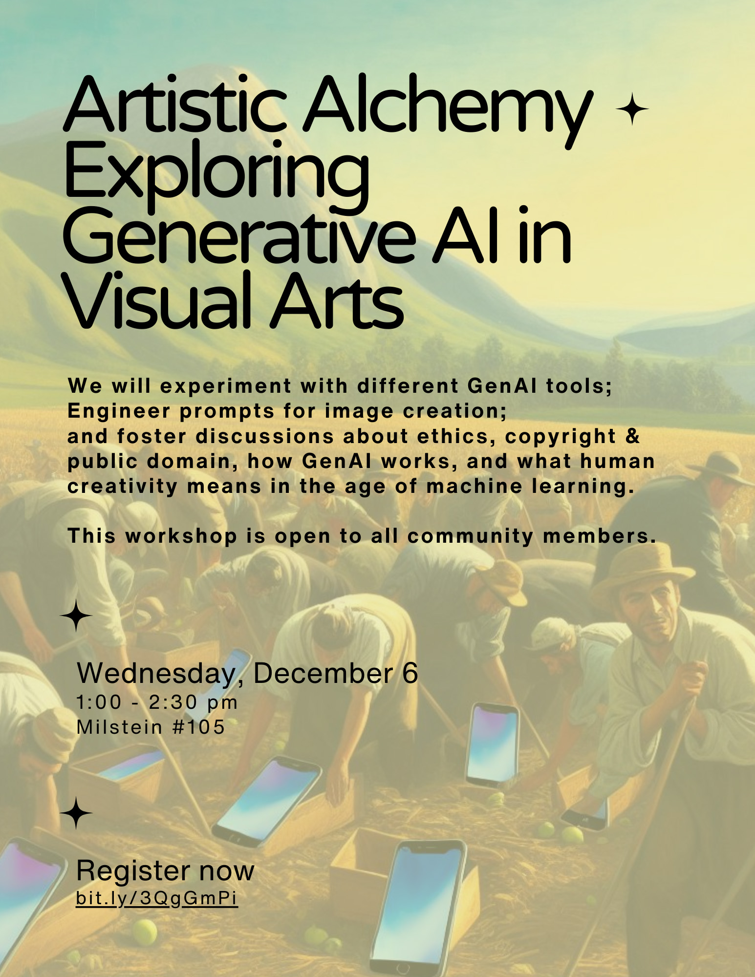 poster promoting the "Artistic Alchemy, Exploring Generative AI in Visual Arts" Event