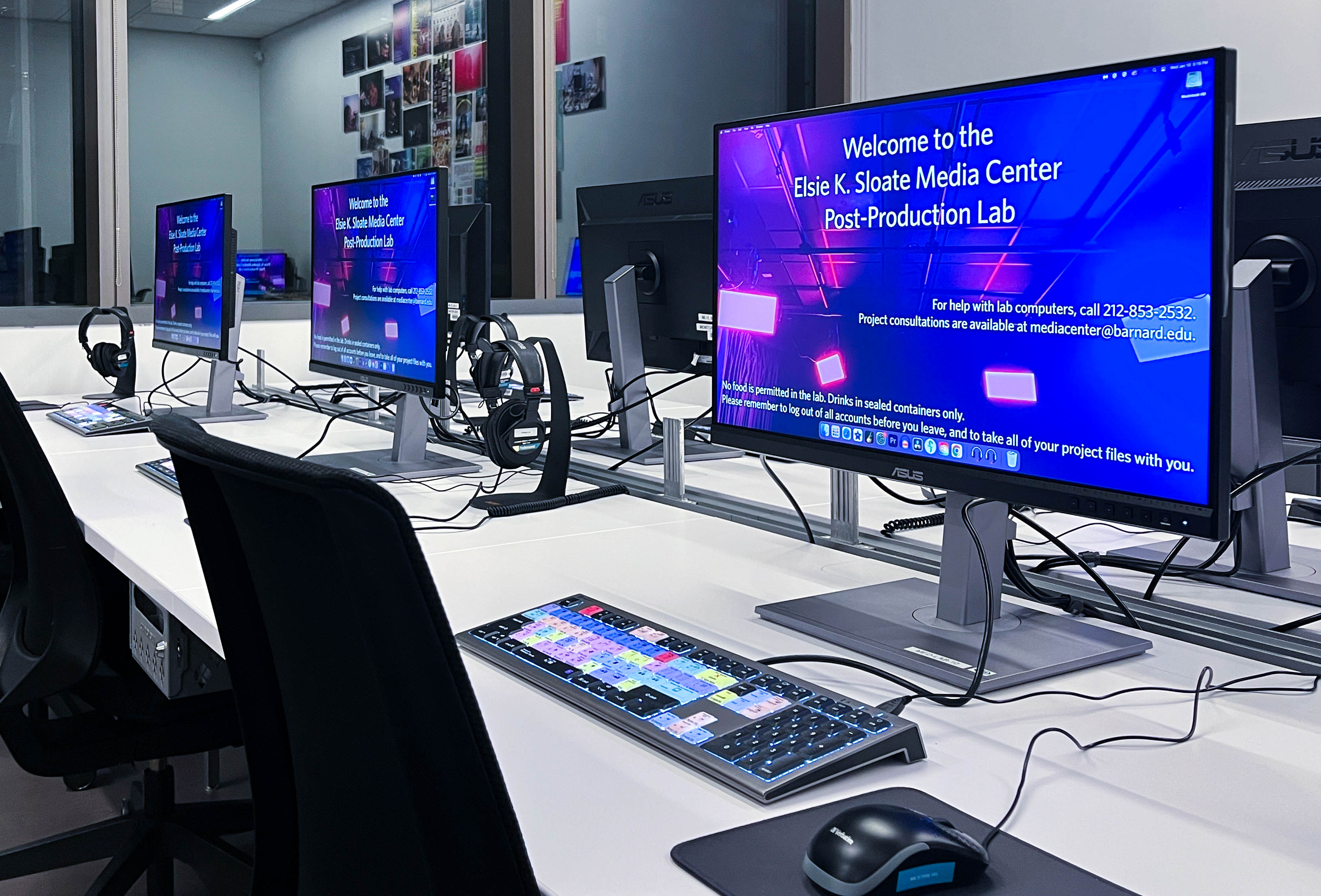 A photo of computers in the Sloate Media Center Post Production lab