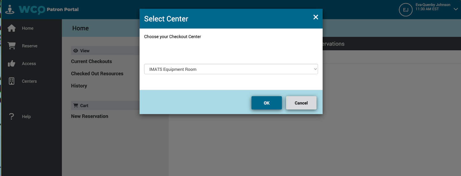 IMATS Patron Portal 'Select Checkout Center' screen.