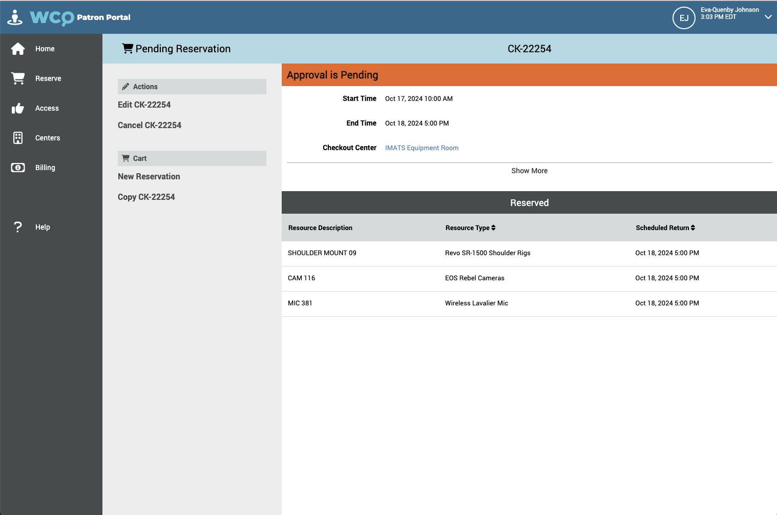IMATS Patron Portal reservation pending approval