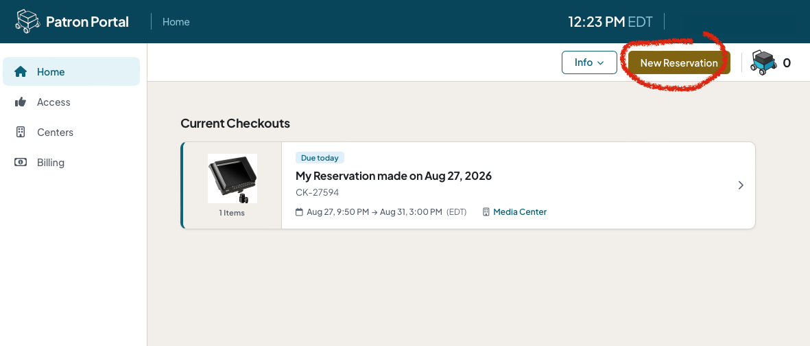 Patron Portal home page with a red circle around the "New Reservation" option