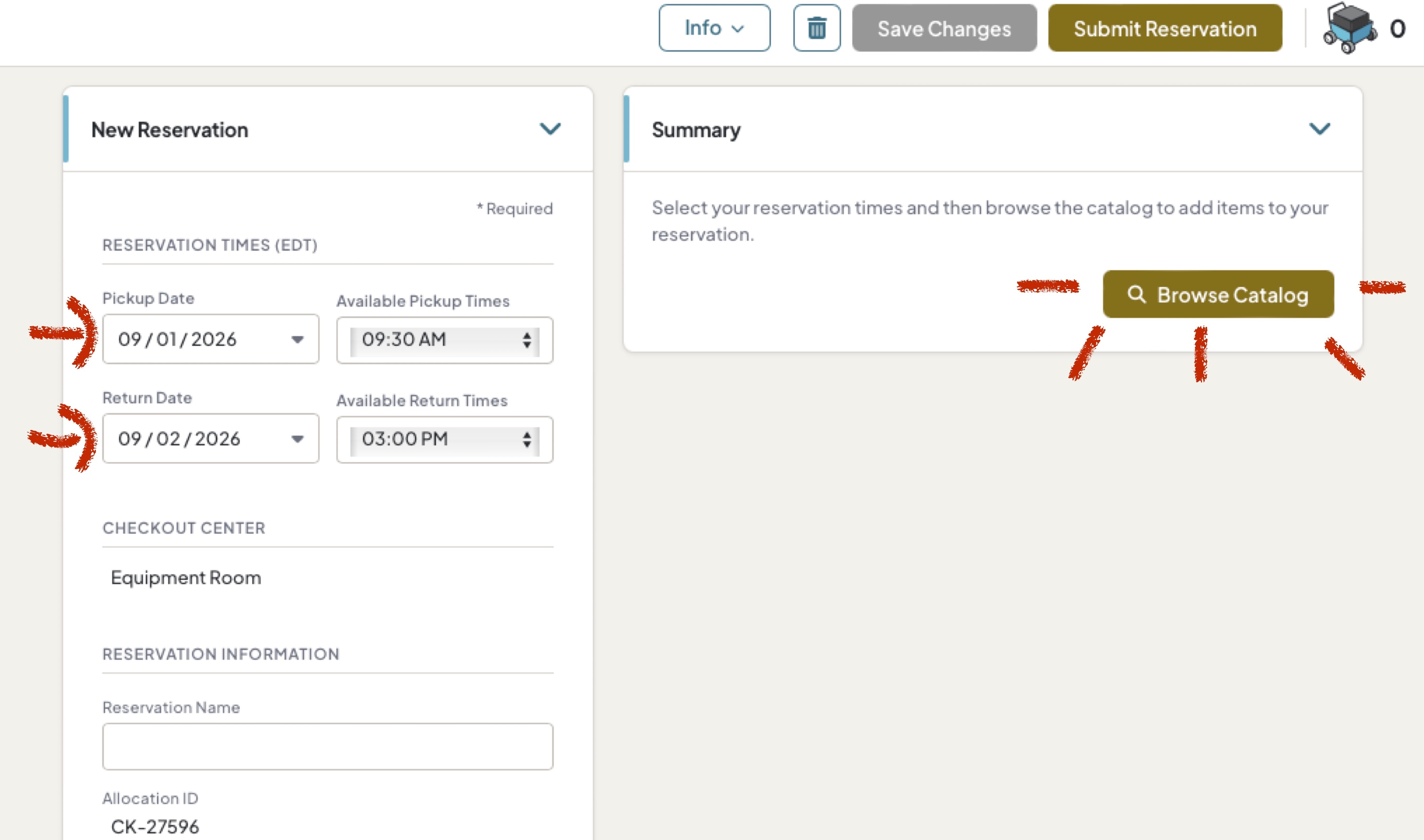 Patron Portal reservation details (pickup and return date and time), browse catalog button