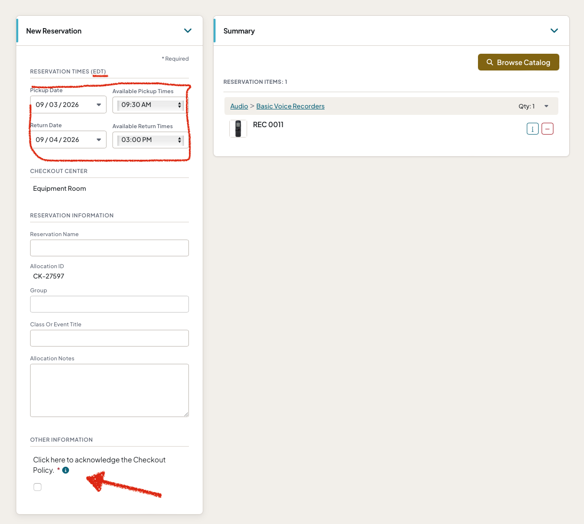 Highlighting the reservation details and required policy acknowledgement checkbox 