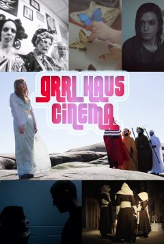 Composite of multiple film stills featuring women, and the text Grrl Haus Cinema in a pink vintage font