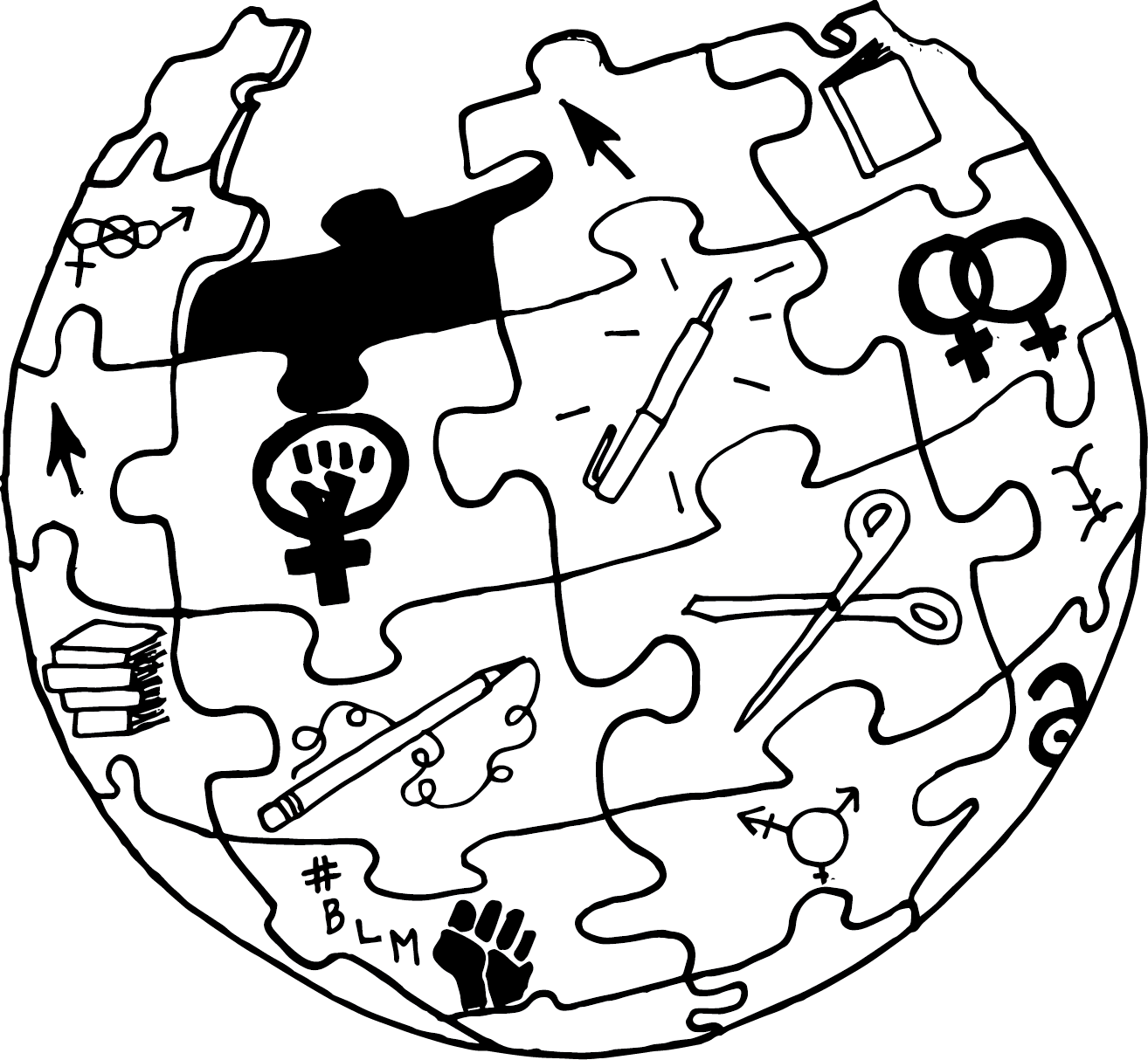 Illustrated wikipedia logo, where puzzle pieces contain feminist symbols.
