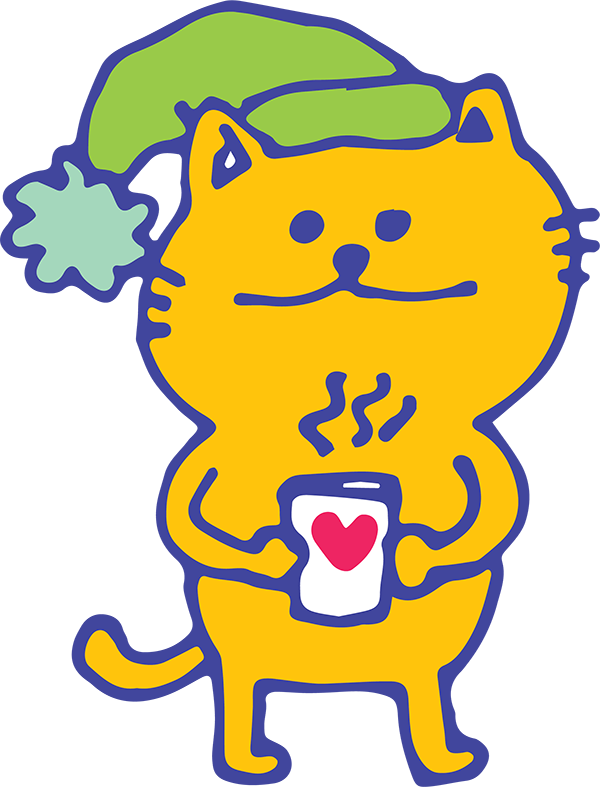 A cartoon orange cat with green cap holds a hot beverage